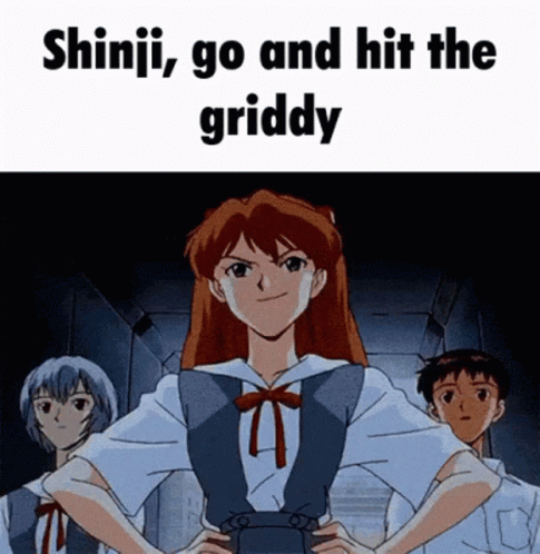 A Cartoon Of A Girl With The Words " Shinji Go And Hit The Griddy " Below Her GIF