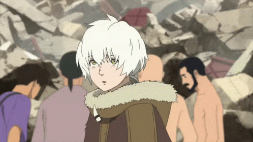 A Cartoon Of A Girl With White Hair Standing In A Crowd GIF