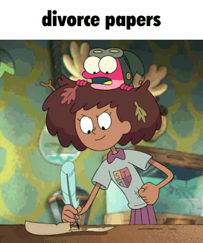 A Cartoon Of A Girl Writing On A Piece Of Paper With The Words Divorce Papers Above Her GIF
