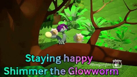 A Cartoon Of A Glowworm Sitting On A Tree Branch With The Words Staying Happy Shimmer The Glowworm GIF