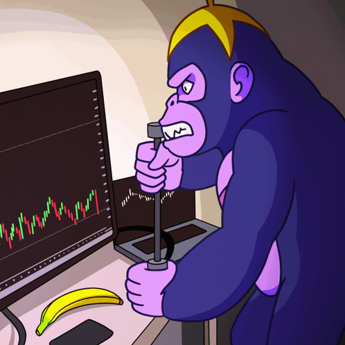A Cartoon Of A Gorilla Holding A Hammer In Front Of A Computer Screen GIF