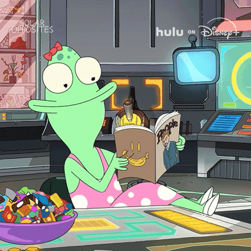 A Cartoon Of A Green Alien Reading A Book Called People GIF