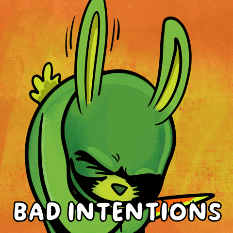 A Cartoon Of A Green Bunny With A Carrot In Its Mouth And The Words Bad Intentions Below It GIF