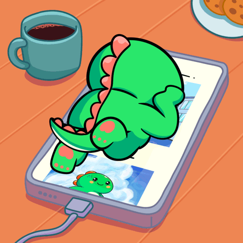 A Cartoon Of A Green Dinosaur Laying On A Cell Phone GIF