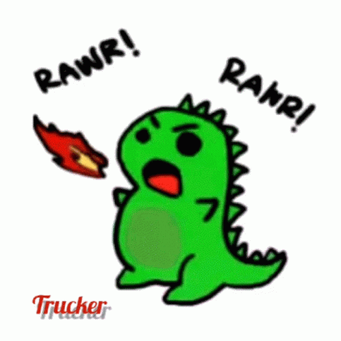 A Cartoon Of A Green Dinosaur With A Fireball In Its Mouth And The Words Rawr ! GIF