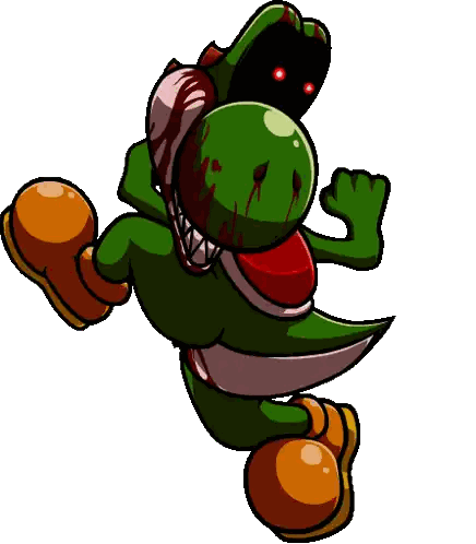 a cartoon of a green dinosaur with blood coming out of his mouth