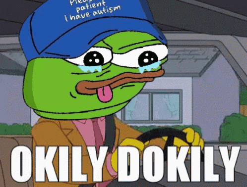 A Cartoon Of A Green Frog Wearing A Blue Hat That Says Please Patient I Have Autism GIF