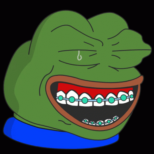 A Cartoon Of A Green Frog With Braces On Its Teeth GIF