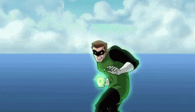 A Cartoon Of A Green Lantern Flying Through The Air . GIF