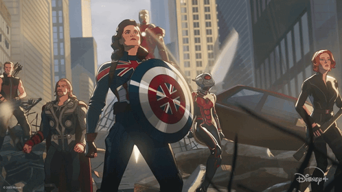 A Cartoon Of A Group Of Avengers Including Captain America And Black Widow From Disney + GIF