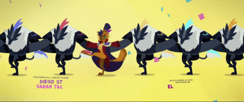 A Cartoon Of A Group Of Birds With The Technical Director Diego Stoliar And Sarah Tachibana GIF