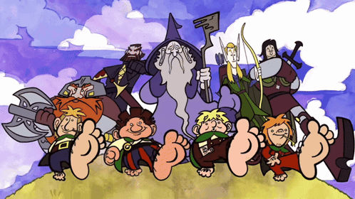 A Cartoon Of A Group Of Dwarves And A Wizard Holding A Key GIF