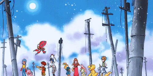 A Cartoon Of A Group Of Kids And Their Digimon GIF