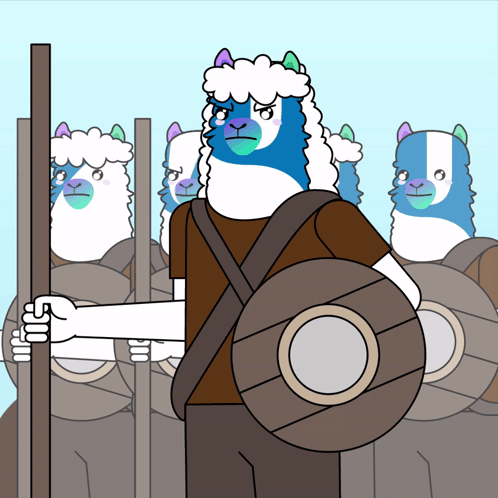a cartoon of a group of llamas holding shields