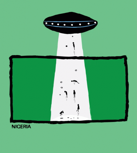 A Cartoon Of A Group Of People Being Abducted By An Ufo From Nigeria GIF