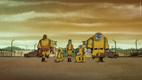 A Cartoon Of A Group Of People In Yellow Suits GIF