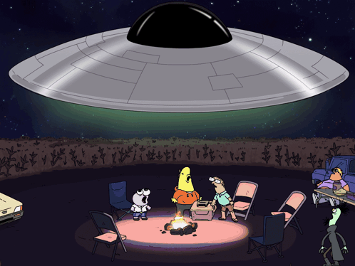 A Cartoon Of A Group Of People Sitting Around A Campfire With An Ufo Flying Overhead GIF