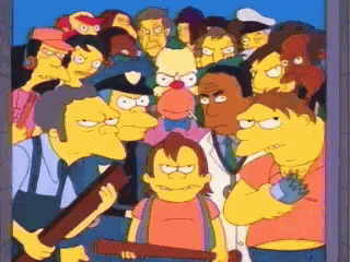 A Cartoon Of A Group Of People With One Holding A Bat And A Gun GIF