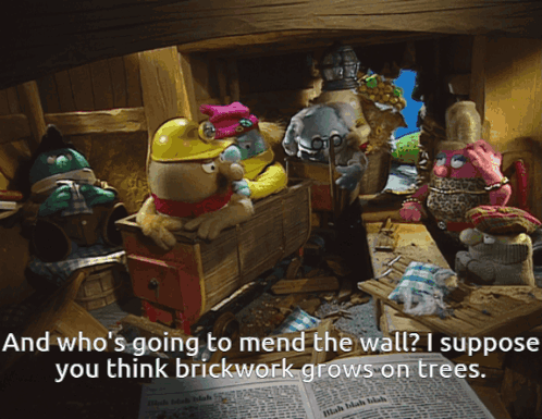 A Cartoon Of A Group Of Stuffed Animals With A Caption That Says " And Who 'S Going To Mend The Wall ? GIF