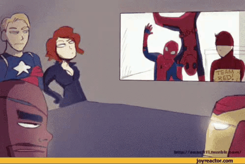 A Cartoon Of A Group Of Superheros With A Sign That Says " Team Red " GIF