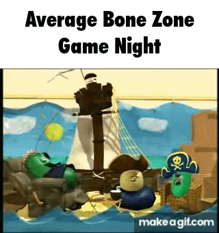A Cartoon Of A Group Of Vegetables In A Pirate Ship With The Caption `` Average Bone Zone Game Night '' . GIF