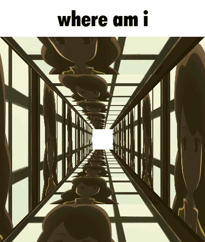 a cartoon of a hallway with the words " where am i " on the bottom