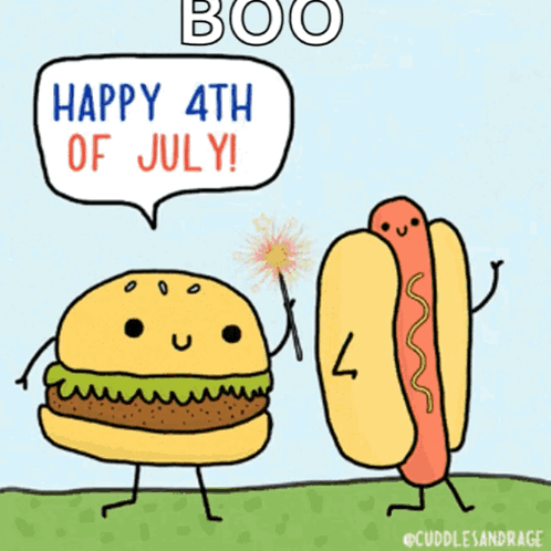 A Cartoon Of A Hamburger And A Hot Dog Saying Happy 4Th Of July Keep Your Buns Safe GIF