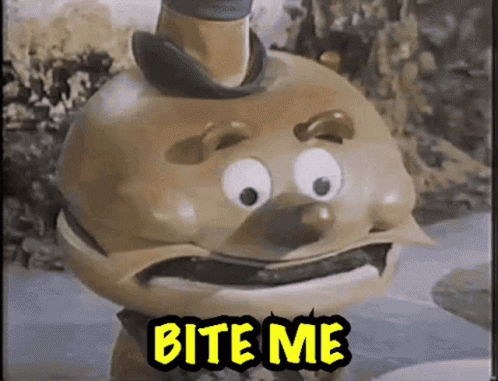 A Cartoon Of A Hamburger With The Words Bite Me On It GIF