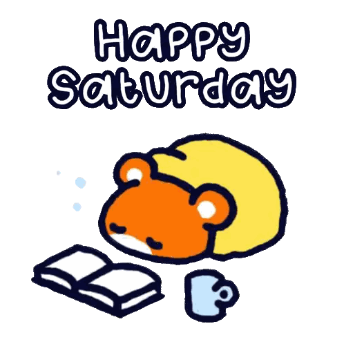 a cartoon of a hamster reading a book with the words happy saturday above it