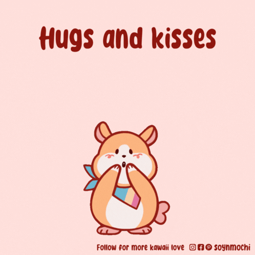A Cartoon Of A Hamster Surrounded By Pink Hearts With The Words Hugs And Kisses Below It GIF
