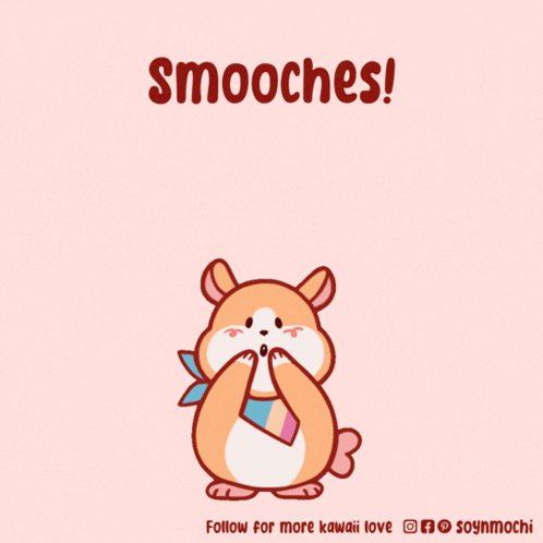 A Cartoon Of A Hamster Surrounded By Pink Hearts With The Words Smooches Below It GIF