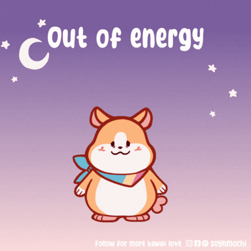 A Cartoon Of A Hamster With The Words Out Of Energy Behind It GIF