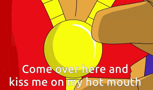 a cartoon of a hand holding a gold medal with the words " come over here and kiss me on my hot mouth "