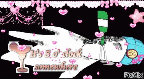 A Cartoon Of A Hand Holding A Wine Glass With The Words It 'S 5 O Clock Somewhere GIF