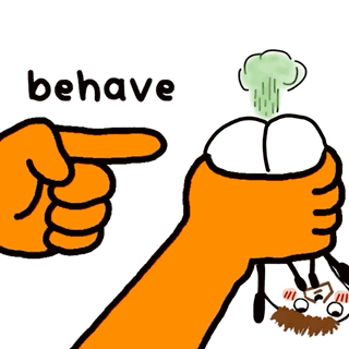 A Cartoon Of A Hand Pointing At A Person And The Word Behave Below It GIF