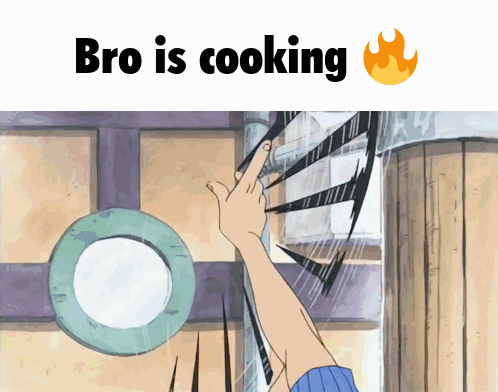 A Cartoon Of A Hand Pointing At A Window With The Words Bro Is Cooking Below It GIF