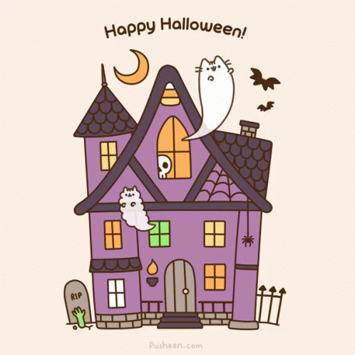 A Cartoon Of A Haunted House With A Ghost And The Words Happy Halloween On The Bottom GIF