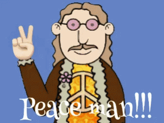 A Cartoon Of A Hippie Giving A Peace Sign With The Words Peaceman !!! Below Him GIF