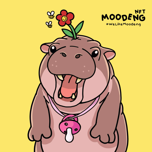 A Cartoon Of A Hippo With A Pacifier On Its Neck And A Flower On Its Head GIF