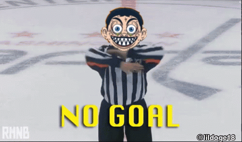 A Cartoon Of A Hockey Referee With The Words No Goal Behind Him GIF