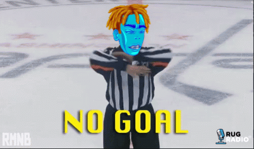 A Cartoon Of A Hockey Referee With The Words No Goal In Yellow GIF