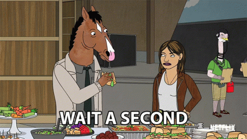A Cartoon Of A Horse Eating A Sandwich With The Words Wait A Second On The Bottom GIF
