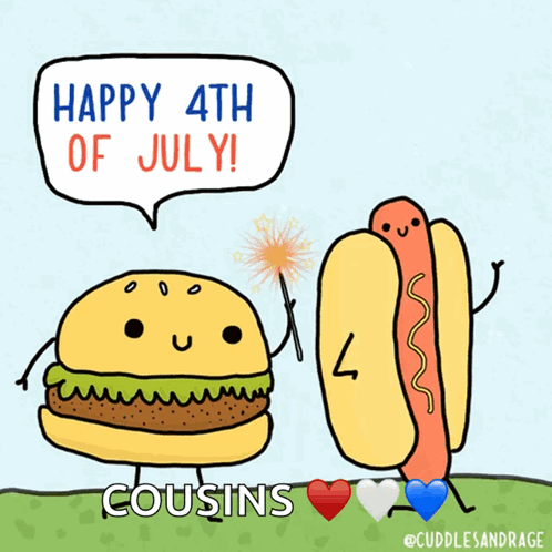 A Cartoon Of A Hot Dog And A Hamburger Says Happy 4Th Of July GIF