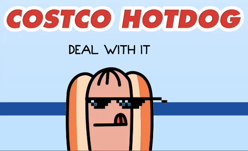 A Cartoon Of A Hotdog Wearing Sunglasses And The Words Costco Hotdog Above It GIF