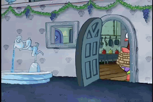 A Cartoon Of A House With A Fountain And A Door Open GIF