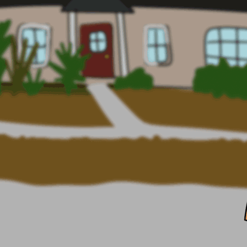 A Cartoon Of A House With A Red Door And Windows GIF
