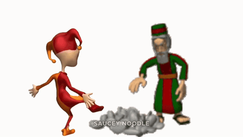 A Cartoon Of A Jester And A Man With The Words " Saucey Noodle " Above Them GIF