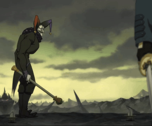 A Cartoon Of A Jester Holding A Sword GIF