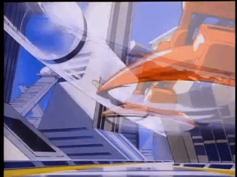 A Cartoon Of A Jet Flying Through A City . GIF