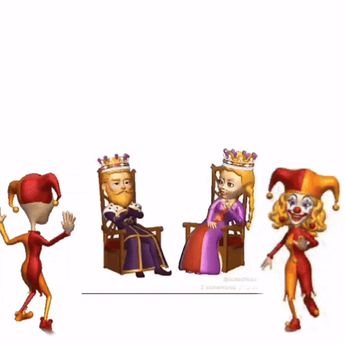 A Cartoon Of A King And Queen With A Jester And A Clown GIF
